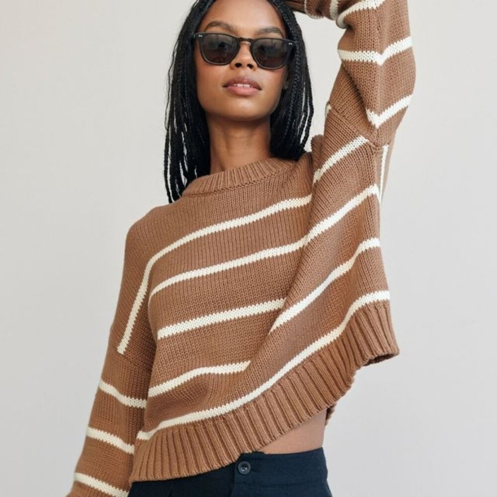 Jenni Kayne Chloe Striped Cotton Crewneck, X-Small, Camel/Ivory